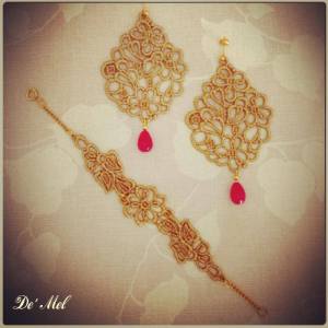 De' Mel princess earrings in rich gold with pink agate and gold hardware here with matching Venetian lace bracelet